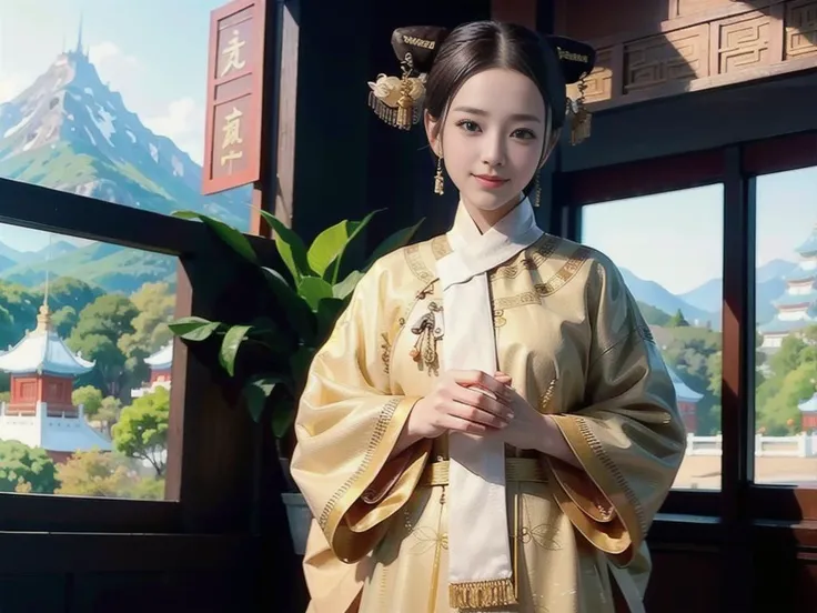 ((smile)),a girl wearing traditional Chinese red clothes, golden embroidery, qingchao, (qingchao_dress, qingchao_haircut:1.3),delicate detail realistic background,photo-realistic,realistic,RAW photo,masterpiece,best quality,highres,illustration,symmetrical, long hair, ulzzang-6500v1.1, (original: 1.2), (realistic: 1.3) , with beautiful details, extremely detailed eyes and face, eyes with beautiful details, absurd, incredibly absurd, huge file size,delicate and pretty,perfect face,beautiful detailed eyes,fair skin,real human skin,pore,narrow waist,((skinny legs)), hime cut,(Dark brown hair), <lora:QingChao:1> ,<lora:xxe:1>,((smile)) ,<lora:taiwanDollLikeness_v20:0.1>,natural light,((standing)),warm tone,sideways,,big eyes,view cam,mountain view,wide angle