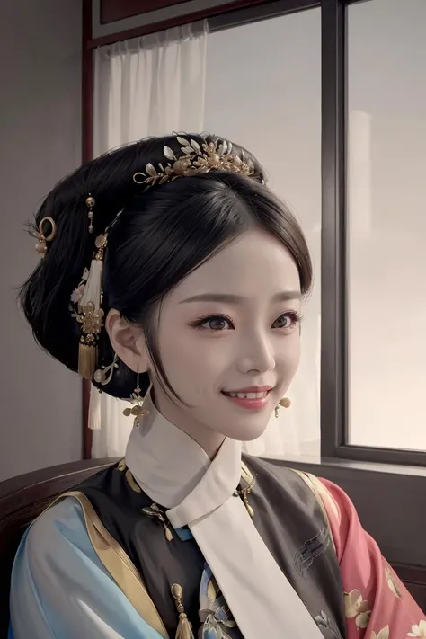 Masterpiece, absurdres,award winning photo, extremely detailed, amazing, fine detail, extremely detailed eyes and face, by lee jeffries nikon d850 film stock photograph 4 kodak portra 400 camera f1.6 lens rich colors hyper realistic lifelike texture dramatic lighting unrealengine trending on artstation cinestill 800 tungsten, smiling qingchao, a woman in a traditional chinese dress poses for a picture , woman wearing a qingchao_dress, (qingchao_haircut, qingchao_scarf,:1.3), <lora:add_detail:0.2> , <lora:shuV2:0.3>, <lora:QingChao:0.9>
