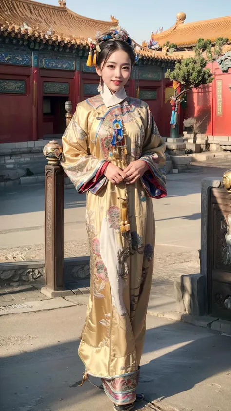 (The Palace Museum:1.2), full body shot:1.4, bokeh:1.2, (small_head:1.1), from front, model pose, outdoors, beijing imperial palace, traditional Chinese architecture,
1 girl,fit, elegant,traditional Chinese blue clothes, golden embroidery, qingchao, (qingchao_dress, qingchao_haircut:1.3),<lora:qingPeriodDresses_v10:0.9> long hair, smiling,
(8k, RAW photo, best quality, masterpiece:1.2), (realistic, photo-realistic:1.37), ultra high res, photon mapping, radiosity, physically-based rendering, professional lighting, light on face, <lora:koreanDollLikeness:0.35>, <lora:ChineseDollLikeness2.0:0.35>, <lora:GoodHands-beta2:1>,
HDR,