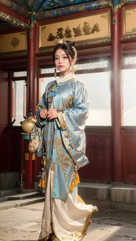 (The Palace Museum:1.2), full body shot:1.4, bokeh:1.2, (small_head:1.1), from front, model pose, outdoors, beijing imperial palace, traditional Chinese architecture,
1 girl,fit, elegant,traditional Chinese blue clothes, golden embroidery, qingchao, (qingchao_dress, qingchao_haircut:1.3), <lora:qingPeriodDresses_v10:0.8>, long hair, smiling,
(8k, RAW photo, best quality, masterpiece:1.2), (realistic, photo-realistic:1.37), ultra high res, photon mapping, radiosity, physically-based rendering, professional lighting, light on face, <lora:koreanDollLikeness:0.35>, <lora:ChineseDollLikeness2.0:0.35>, <lora:GoodHands-beta2:1>,
HDR,
