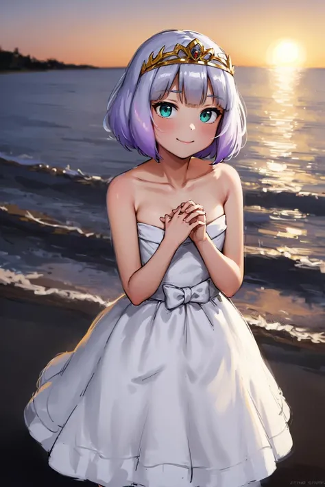huge filesize,absurdres,
Primo,<lora:Primo V1:0.8>,1girl,solo,jitome,smile,contempt,white hat,detest,short hair,flat-chested,White Wedding Dress,pale skin,Light purple hair,tiara,white dress,bow,hand on own chest,Golden hair accessories,
(dusk:1.4),sea,beach,Cirrocumulus,(against backlight at dusk:1.2),