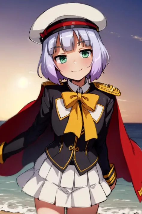 huge filesize,absurdres,
Primo,<lora:Primo V1:0.8>,1girl,solo,half-closed eyes,jitome,smile,contempt,evil smile,white hat,detest,short hair,flat-chested,pale skin,Light purple hair,(white_bowtie:1.4),white pleated skirt,(black uniform jacket:1.2),a red cloak on the inside and black on the outside,(a red hat with yellow ribbons:1.2),yellow ribbon,brass shoulder armor,Yellow shirt,
(dusk:1.4),sea,beach,Cirrocumulus,(against backlight at dusk:1.2),