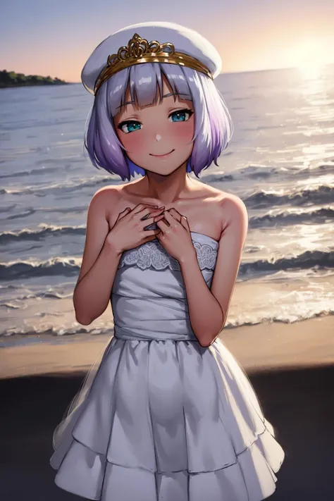 realistic,reality,huge filesize,absurdres,
Primo,<lora:Primo V1:0.8>,1girl,solo,jitome,smile,white hat,short hair,White Wedding Dress,pale skin,Light purple hair,tiara,white dress,bow,hand on own chest,Golden hair accessories,
(dusk:1.4),sea,beach,Cirrocumulus,(against backlight at dusk:1.2),