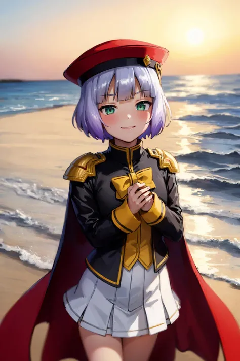 huge filesize,absurdres,
Primo,<lora:Primo V1:0.8>,1girl,solo,half-closed eyes,jitome,smile,contempt,evil smile,white hat,detest,short hair,flat-chested,pale skin,Light purple hair,(white_bowtie:1.4),white pleated skirt,(black uniform jacket:1.2),a red cloak on the inside and black on the outside,(a red hat with yellow ribbons:1.2),yellow ribbon,brass shoulder armor,Yellow shirt,
(dusk:1.4),sea,beach,Cirrocumulus,(against backlight at dusk:1.2),
