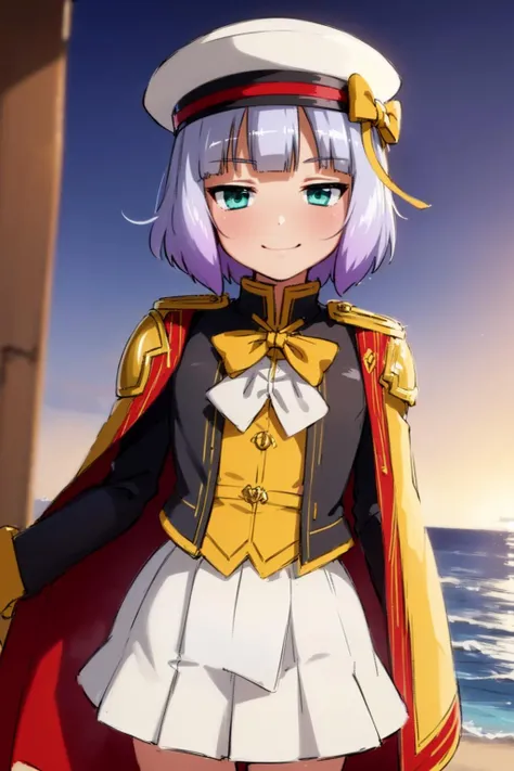 huge filesize,absurdres,
Primo,<lora:Primo V1:0.8>,1girl,solo,half-closed eyes,jitome,smile,contempt,evil smile,white hat,detest,short hair,flat-chested,pale skin,Light purple hair,(white_bowtie:1.4),white pleated skirt,(black uniform jacket:1.2),a red cloak on the inside and black on the outside,(a red hat with yellow ribbons:1.2),yellow ribbon,brass shoulder armor,Yellow shirt,
(dusk:1.4),sea,beach,Cirrocumulus,(against backlight at dusk:1.2),