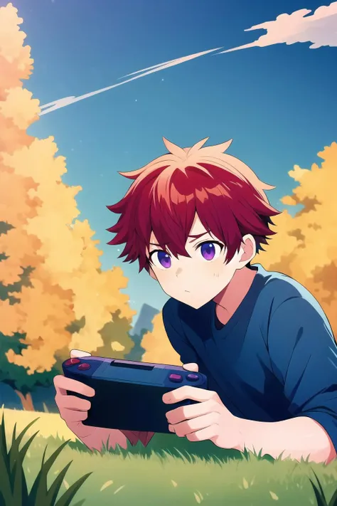 <lora:noyrv2:0.7> male focus, male only, park, grass, outside, holding game boy, playing video games, red hair, looing down, concentrating, blue sky