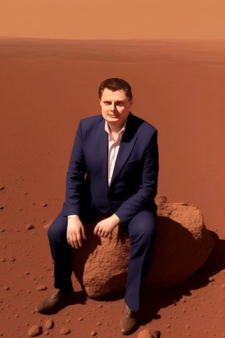 a photo of evgenii-ponasenkov sitting on a rock on the mars, detailed mars landscape, hyperrealism