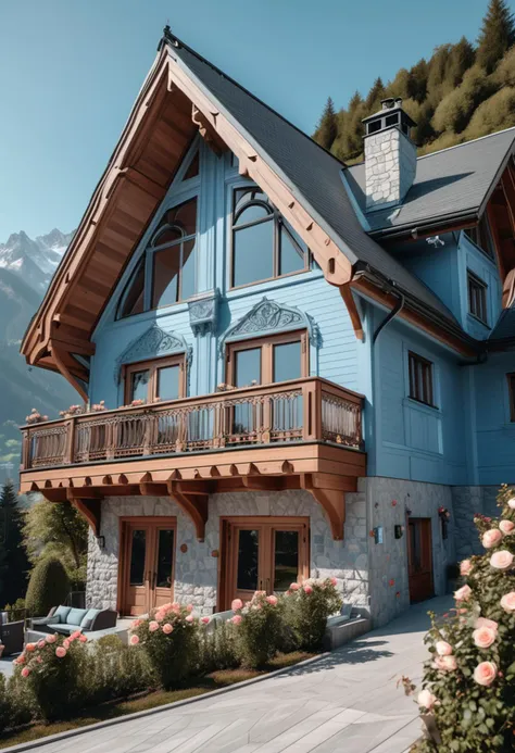 (medium full shot) of (grand house) with wood pastel blue exterior, victorian, mansard roof, stained glass windows, french doors, climbing roses, located in  a luxury mountain retreat, with modern chalets, ski slopes, high-end amenities, stunning vistas, in the morning, ,Masterpiece,best quality, raw photo, realistic, very aesthetic