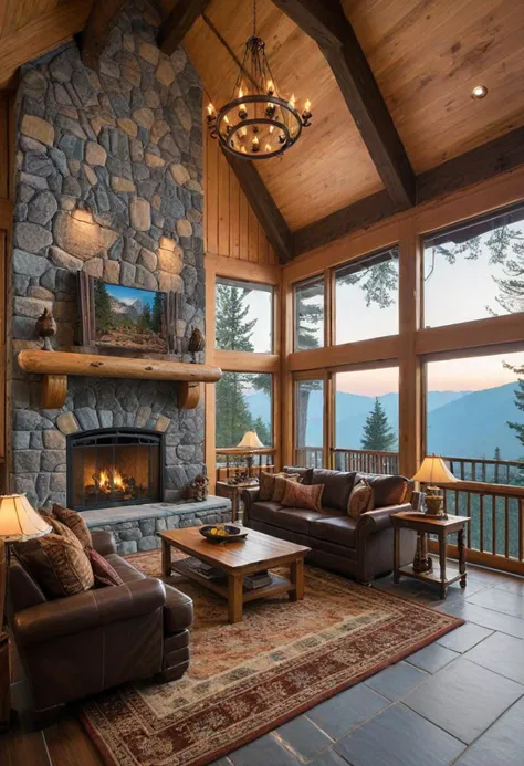 (medium full shot) of (luxurious house) with stone pastel blue exterior, craftsman, tiled roof, double-hung windows, sliding doors, wrap-around porch, located in  a traditional mountain lodge, with log construction, roaring fireplaces, nearby trails, rustic comfort, at dawn, ,Masterpiece,best quality, photo, realistic, very aesthetic