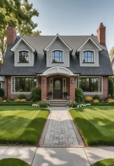 (medium full shot) of (luxurious house) with brick grey exterior, farmhouse, gambrel roof, sliding windows, sliding doors, stained glass windows, located in  a peaceful suburban street, with well-kept lawns, friendly neighbors, spacious homes, family-friendly environment, ,Masterpiece,best quality, raw photo, realistic, very aesthetic