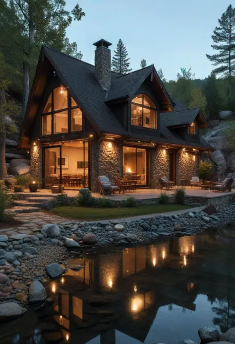 (medium full shot) of (serene house) with stone brown exterior, ranch, mansard roof, arched windows, modern minimalist doors, vintage lanterns, located in  a rustic riverside cabin, with wood-burning stove, natural surroundings, fishing spots, inviting warmth, at night, ,Masterpiece,best quality, photo, realistic, very aesthetic