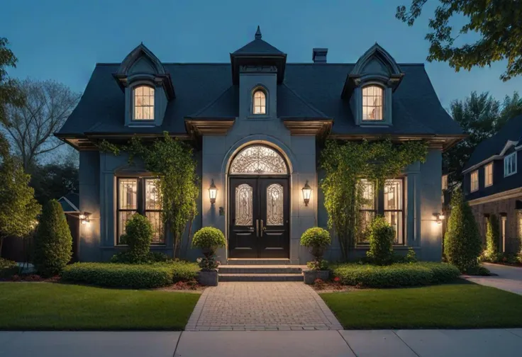 (medium full shot) of (charming house) with concrete blue exterior, colonial, hipped roof, floor-to-ceiling windows, ornate iron doors, ivy-covered walls, located in  a modern suburban development, with contemporary houses, community parks, shopping centers, suburban tranquility, at night, ,Masterpiece,best quality, photo, realistic, very aesthetic