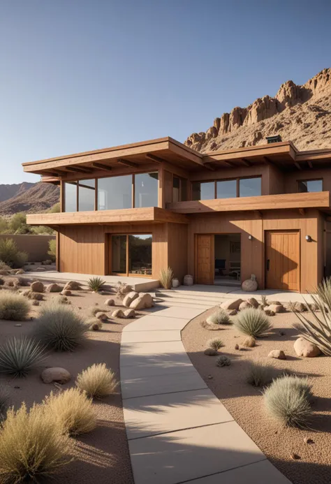 (medium full shot) of (charming house) with wood brown exterior, modernist, hipped roof, skylights windows, rustic wooden doors, hand-carved woodwork, located in  a modern desert house, with minimalist design, expansive views, sustainable features, stark beauty, Masterpiece,best quality, photo, realistic, very aesthetic,