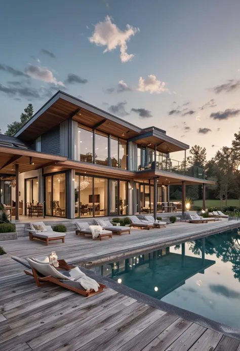 (medium full shot) of (elegant house) with wood blue exterior, mid-century modern, butterfly roof, french windows, barn doors, wrap-around porch, located in  a modern riverside retreat, with open floor plan, sleek design, riverside terrace, peaceful vibes, at dawn, ,Masterpiece,best quality, photo, realistic, very aesthetic