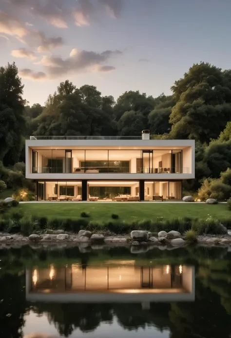 (medium full shot) of (grand house) with glass cream exterior, ranch, flat roof, picture windows, modern minimalist doors, garden statues, located in  a secluded riverside home, with tranquil river sounds, wildlife sightings, natural beauty, serene retreat, during sunset, ,Masterpiece,best quality, raw photo, realistic, very aesthetic, dark