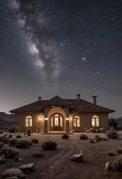 (medium full shot) of (classic house) with stucco brown exterior, ranch, curved roof, floor-to-ceiling windows, french doors, stained glass windows, located in  a remote desert retreat, with isolated location, starry nights, rugged landscape, serene silence, at night, ,Masterpiece,best quality, photo, realistic, very aesthetic