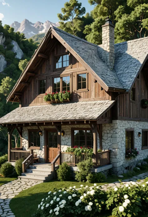 (medium full shot) of (rustic house) with wood white exterior, colonial, gabled roof, bay windows, sliding doors, climbing roses, located in  a remote mountain cabin, with panoramic views, dense forests, rugged terrain, peaceful solitude, in the morning, ,Masterpiece,best quality, photo, realistic, very aesthetic,