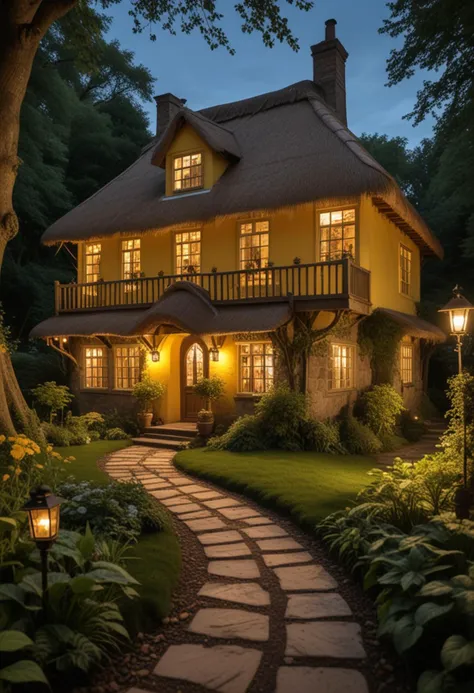 (medium full shot) of (serene house) with glass yellow exterior, georgian, thatched roof, sliding windows, carved wooden doors, vintage lanterns, located in  a woodland cottage, with rustic charm, garden pathways, nearby stream, nature-inspired design, at night, Masterpiece,best quality, photo, realistic, very aesthetic,