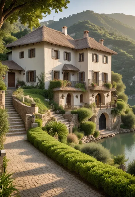 (medium full shot) of (elegant house) with stucco cream exterior, mediterranean, thatched roof, bay windows, antique doors, vintage lanterns, located in  a picturesque rural valley, with winding rivers, lush greenery, scattered homes, natural beauty, in the morning, Masterpiece,best quality, photo, realistic, very aesthetic,