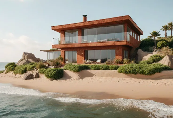 (medium full shot) of (rustic house) with adobe terracotta exterior, victorian, green roof, casement windows, modern minimalist doors, hanging plants, located in  a beachfront property, with sandy shores, ocean views, gentle waves, relaxing atmosphere, in the morning, ,Masterpiece,best quality, photo, realistic, very aesthetic