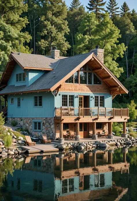 (medium full shot) of (rustic house) with adobe pastel blue exterior, colonial, curved roof, bay windows, glass doors, wrap-around porch, located in  a rustic lakeside cabin, with wooden construction, nearby forest, fishing opportunities, charming ambiance, in the morning, ,Masterpiece,best quality, photo, realistic, very aesthetic,