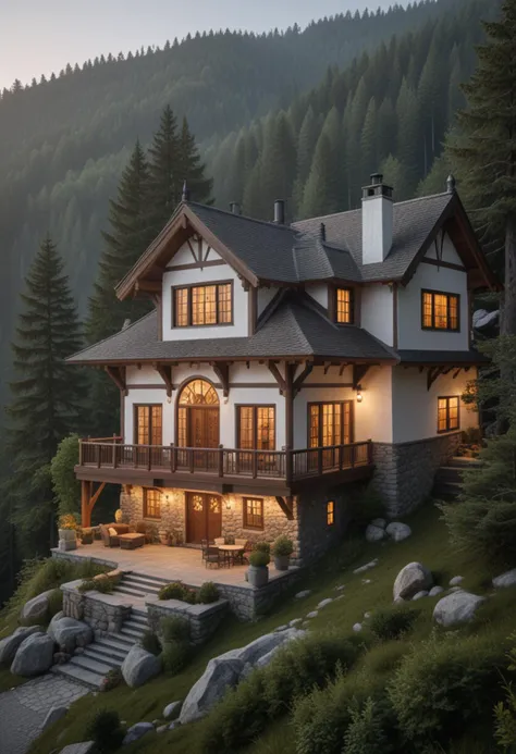 (medium full shot) of (grand house) with stucco white exterior, tudor, flat roof, sliding windows, carved wooden doors, vintage lanterns, located in  a remote mountain cabin, with panoramic views, dense forests, rugged terrain, peaceful solitude, at dawn, Masterpiece,best quality, photo, realistic, very aesthetic,