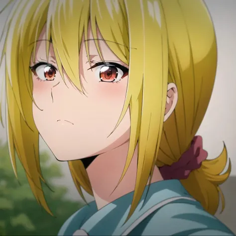 <lora:tsukuyo:0.8> tsukuyo, 1girl, solo, looking_at_viewer, blush, bangs, hair_ornament, red_eyes, hair_between_eyes, brown_eyes, closed_mouth, blurry, frown, scrunchie, letterboxed, portrait, hair_scrunchie