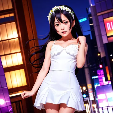 best quality, ultra high res, 1girl, solo focus, ((white mini see through dress)), elbow dress, black thighhighs, frills, ribbons, studio background,floating hair, looking at viewer, facing front,