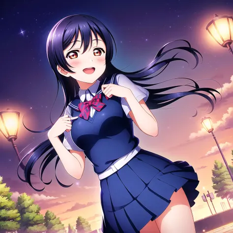 1girl, solo,(best quality),(masterpiece:1.1),blue (school uniform:1.4),dress, looking_at_viewer, neck_ribbon, smile, black eyes , studio background, cute, clear facial skin