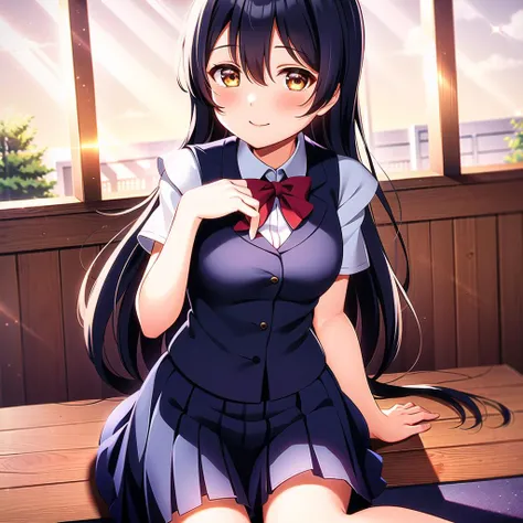 1girl, solo,(best quality),(masterpiece:1.1),blue (school uniform:1.4),dress, looking_at_viewer, neck_ribbon, smile, black eyes , studio background, cute, clear facial skin