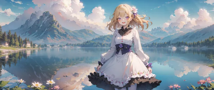 masterpiece,best quality,1girl,solo,purple eyes,dress,long_sleeves,open_mouth,arms behind back,blonde_hair,frills,smile,white pantyhose,blush,standing,outdoors,white flower,red flower,pink flower,blue flower,yellow flower,purple flower,sky,cloud,lake,reflection,<lora:abara:0.7>,