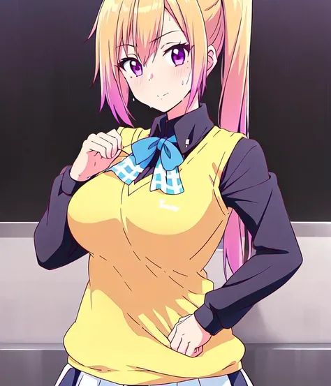 <lora:Kawakami_mai:0.8>, Kawakami_mai, 1girl, solo, solo focus, blonde hair, side ponytail, purple eyes, long hair, bangs, gradient hair, mole, large breasts, school uniform, black shirt, yellow vest, sweater vest, white skirt, pleated skirt, sneakers, black socks, dynamic pose, shirt lift, lifted by self, underboob, sweat, after workout, detailed skin, textured skin, ultra-detailed breasts,