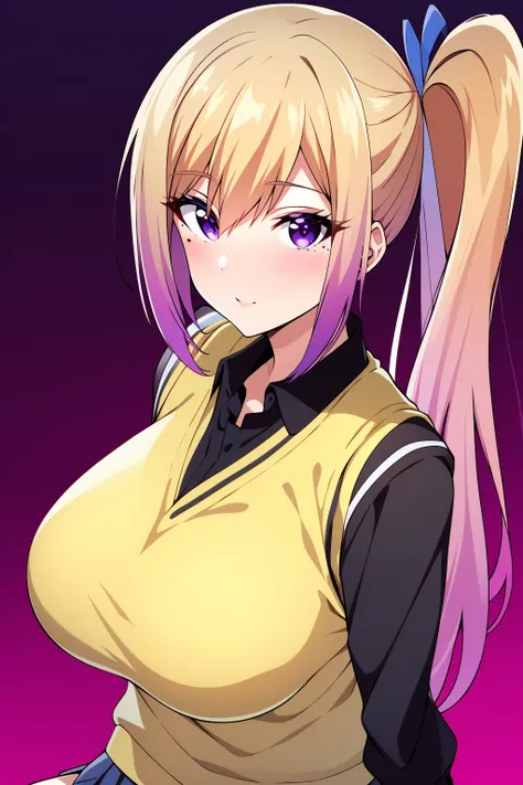 <lora:MaiV2:1>, Kawakami_mai, blonde hair, side ponytail, purple eyes, long hair, bangs, gradient hair, mole,
large breasts, school uniform, black shirt, yellow sweater vest, white pleated skirt, sneakers, black socks,   (masterpiece:1.0), (best quality:1.0), (8k wallpaper:1.0), extremely delicate and beautiful, (beautiful detailed face:1.0), (detailed deep eyes),  symmetrical breasts, deep eyes