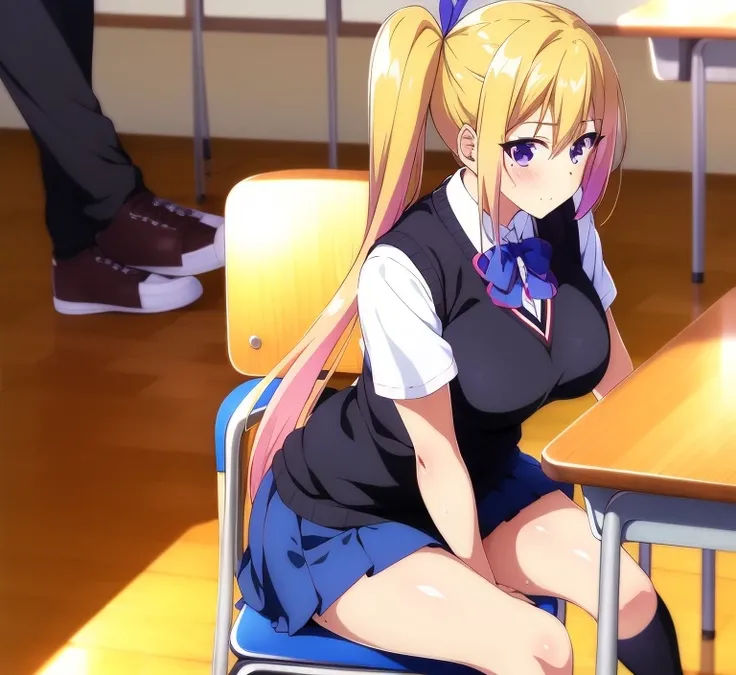 <lora:MaiV2:1>, Kawakami_mai, 1girl, solo, solo focus, blonde hair, side ponytail, purple eyes, long hair, bangs, gradient hair, mole, large breasts, school uniform, black shirt, sweater vest, pleated skirt, sneakers, black socks, sitting, from_side, looking_away, sitting in chair, classroom