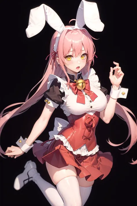 absurdres, best quality, 1girl, solo, <lyco:GoodHands-beta2:1>, pink hair, yellow eyes, long hair, large breasts,  <lora:ahBunny-000120:1>, ahBunny, rabbit ears, red corset, gakuran, apron, red neck ribbon, red skirt, hair bow, short sleeves, wrist cuffs , white thighhighs, jingle bell