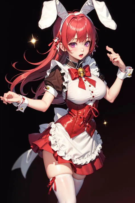 absurdres, best quality, 1girl, solo, <lyco:GoodHands-beta2:1>, red hair, purple eyes, long hair, large breasts, <lora:ahBunny-000120:1>, ahBunny, rabbit ears, red corset, gakuran, apron, red neck ribbon, red skirt, hair bow, short sleeves, wrist cuffs , white thighhighs, jingle bell