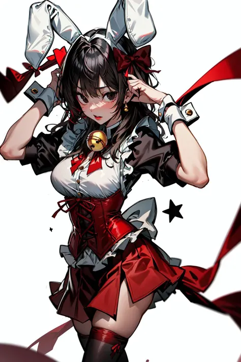 absurdres, best quality, 1girl, solo, <lyco:GoodHands-beta2:1>, black hair, black eyes, long hair, large breasts, <lora:ahBunny-000120:1>, ahBunny, rabbit ears, red corset, gakuran, apron, red neck ribbon, red skirt, hair bow, short sleeves, wrist cuffs , white thighhighs, jingle bell