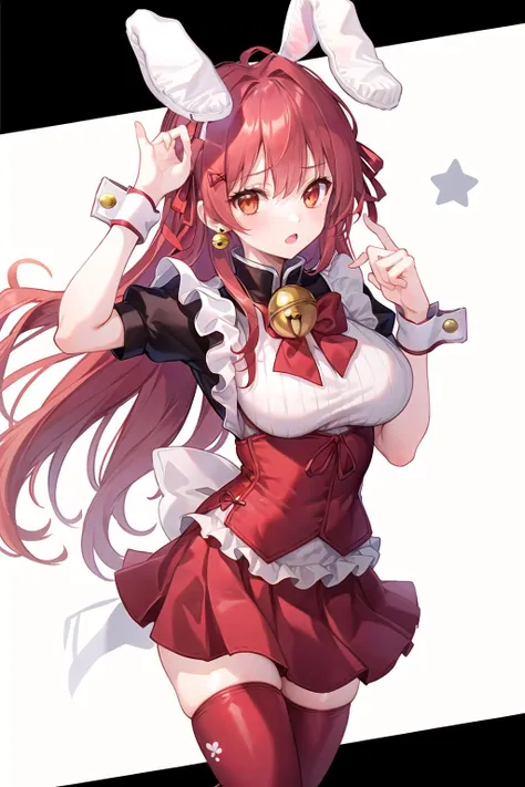 absurdres, best quality, 1girl, solo, <lyco:GoodHands-beta2:1>, red hair, brown eyes, long hair, large breasts, <lora:ahBunny-000120:1>, ahBunny, rabbit ears, red corset, gakuran, apron, red neck ribbon, red skirt, hair bow, short sleeves, wrist cuffs , white thighhighs, jingle bell