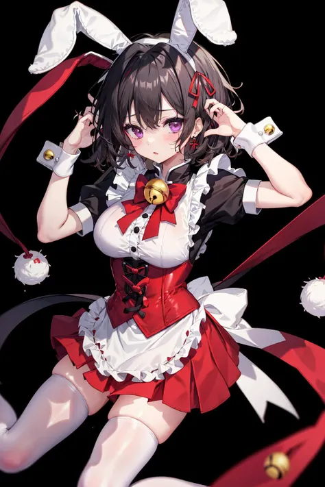 absurdres, best quality, 1girl, solo, <lyco:GoodHands-beta2:1>, black hair, purple eyes, long hair, large breasts, <lora:ahBunny-000120:1>, ahBunny, rabbit ears, red corset, gakuran, apron, red neck ribbon, red skirt, hair bow, short sleeves, wrist cuffs , white thighhighs, jingle bell