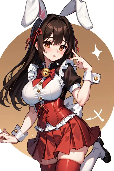 absurdres, best quality, 1girl, solo, <lyco:GoodHands-beta2:1>, black hair, brown eyes, long hair, large breasts, <lora:ahBunny-000120:1>, ahBunny, rabbit ears, red corset, gakuran, apron, red neck ribbon, red skirt, hair bow, short sleeves, wrist cuffs , white thighhighs, jingle bell