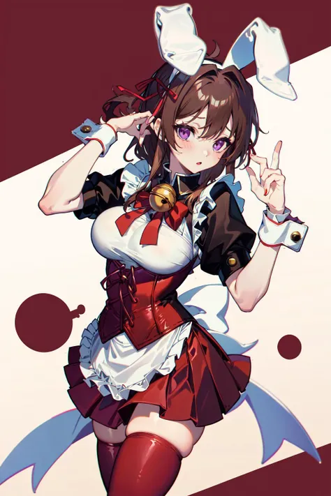 absurdres, best quality, 1girl, solo, <lyco:GoodHands-beta2:1>, brown hair, purple eyes, long hair, large breasts, <lora:ahBunny-000120:1>, ahBunny, rabbit ears, red corset, gakuran, apron, red neck ribbon, red skirt, hair bow, short sleeves, wrist cuffs , white thighhighs, jingle bell