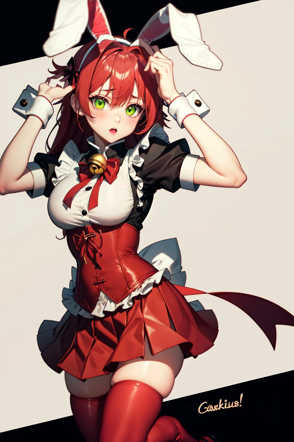 absurdres, best quality, 1girl, solo, <lyco:GoodHands-beta2:1>, red hair, green eyes, long hair, large breasts, <lora:ahBunny-000120:1>, ahBunny, rabbit ears, red corset, gakuran, apron, red neck ribbon, red skirt, hair bow, short sleeves, wrist cuffs , white thighhighs, jingle bell