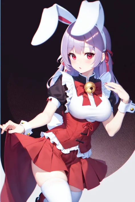 absurdres, best quality, 1girl, solo, <lyco:GoodHands-beta2:1>, purple hair, black eyes, long hair, large breasts,  <lora:ahBunny-000120:1>, ahBunny, rabbit ears, red corset, gakuran, apron, red neck ribbon, red skirt, hair bow, short sleeves, wrist cuffs , white thighhighs, jingle bell