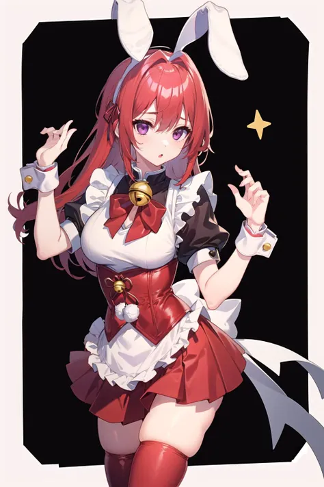 absurdres, best quality, 1girl, solo, <lyco:GoodHands-beta2:1>, red hair, purple eyes, long hair, large breasts,  <lora:ahBunny-000120:1>, ahBunny, rabbit ears, red corset, gakuran, apron, red neck ribbon, red skirt, hair bow, short sleeves, wrist cuffs , white thighhighs, jingle bell