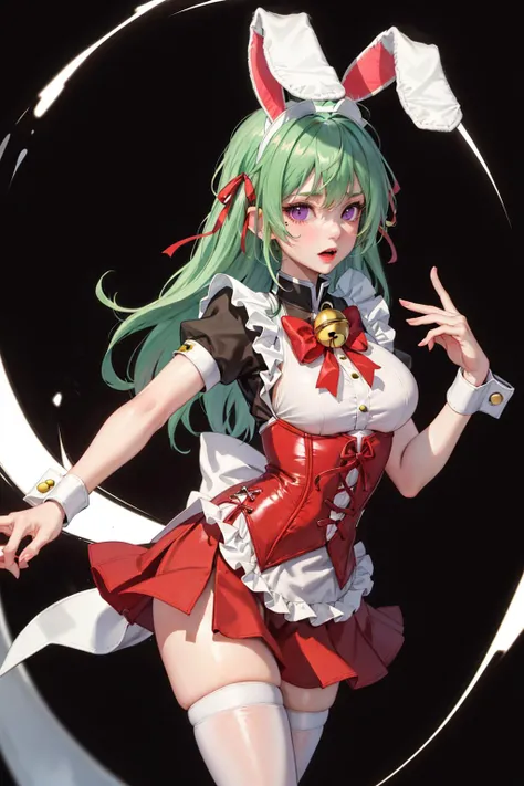 absurdres, best quality, 1girl, solo, <lyco:GoodHands-beta2:1>, green hair, purple eyes, long hair, large breasts, <lora:ahBunny-000120:1>, ahBunny, rabbit ears, red corset, gakuran, apron, red neck ribbon, red skirt, hair bow, short sleeves, wrist cuffs , white thighhighs, jingle bell