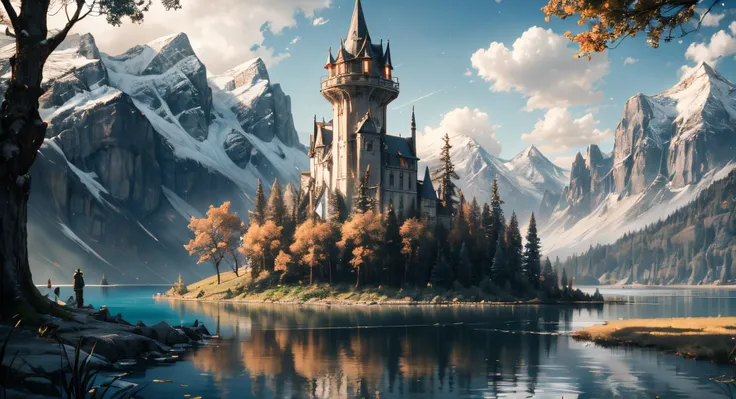 breathtaking, (forest:1.18), 8k wallpaper, UHDR, (fantasy art:1.2), soft brush, landscape, bright composition, vivid colors, rule of thirds, extreme wide shot, trees:1.16, moss, (a large wizard's tower at a lake:1.5), (magical dome:1.12), depth of field, devoid of humans, natural lighting, (gust of wind, flowing leaves),  [fantastical gloom | magical glint:0.65], glossy, mountain:0.75 <lora:add_detail:0.7>, award-winning, professional, highly detailed