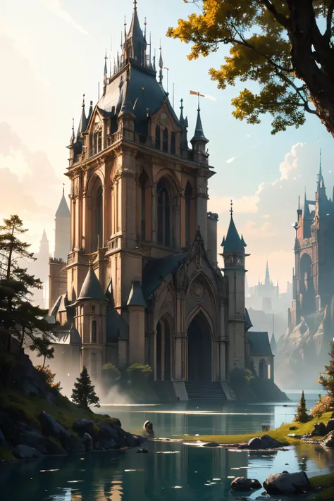 concept art of a highly detailed CG illustration of a forest, 8k wallpaper, UHDR, fantasy art, landscape, bright composition, rule of thirds, trees:1.15, moss:0.8, (colossal tower at a lake:1.2), magical dome, depth of field, devoid of humans, natural lighting, fantastical gloom, magical shimmer, glossy, digital artwork, illustrative, painterly, matte painting, highly detailed