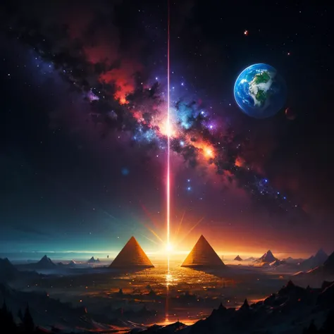Psychedelic style, space themed album cover art, apocalyptic composition, pyramids, planets in the sky, deep verdant forest, starfall, nebula, colorful luminous particles, devoid of humans <lora:add_detail:0.8>, Vibrant colors, swirling patterns, abstract forms, surreal, trippy