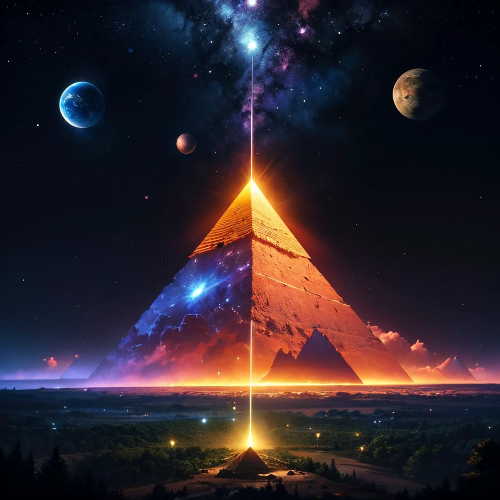 Psychedelic style, space themed album cover art, apocalyptic composition, pyramids, planets in the sky, deep verdant forest, starfall, nebula, colorful luminous particles, devoid of humans <lora:add_detail:0.8>, Vibrant colors, swirling patterns, abstract forms, surreal, trippy