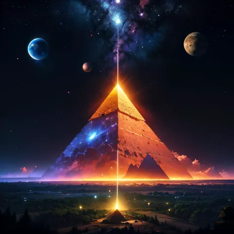 Psychedelic style, space themed album cover art, apocalyptic composition, pyramids, planets in the sky, deep verdant forest, starfall, nebula, colorful luminous particles, devoid of humans  <lora:add_detail:0.8>, Vibrant colors, swirling patterns, abstract forms, surreal, trippy